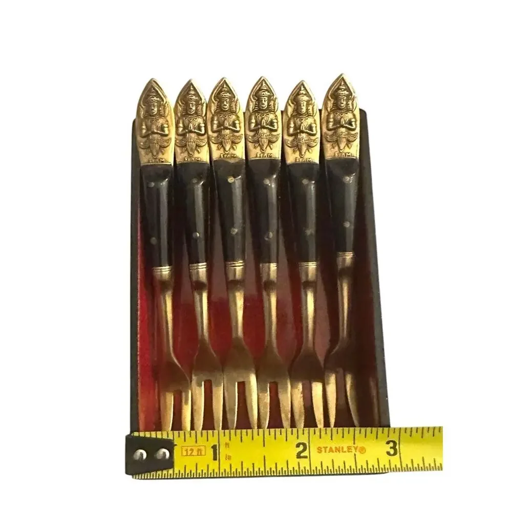 1950’s Siam Buddha Flatware Set Bronze Brass 6 Shrimp Forks Lacquer Display Box